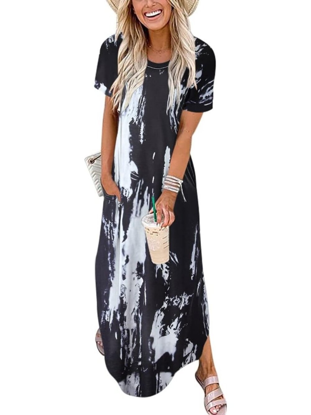 Women's Tie Dye Black Summer Maxi Dress Short Sleeve Casual Split Long T Shirt